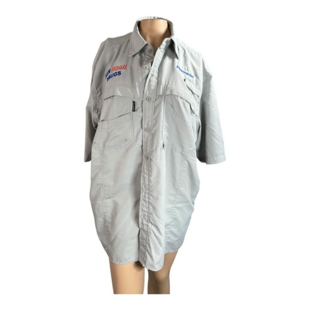 Dri-Duck B&W Rexall Drugs Pharmacist Shirt Size L Light Gray Embroidered Logo